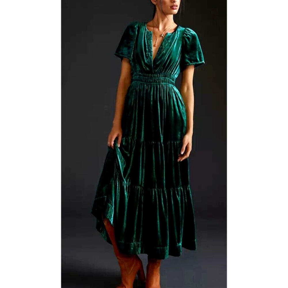 Anthropologie Somerset Velvet Edition Green Maxi Dress XS petite new with tags
